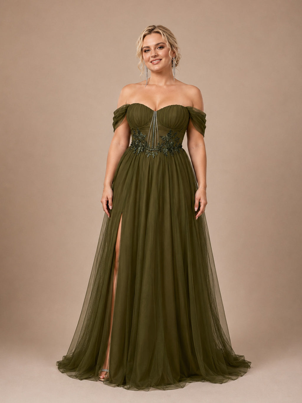 Women’s Olive Green Elegant Tulle Off Shoulder Short Sleeve A-Line Maxi Dress with Floral Appliqué