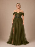 Women’s Olive Green Elegant Tulle Off Shoulder Short Sleeve A-Line Maxi Dress with Floral Appliqué