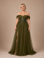 Women’s Olive Green Elegant Tulle Off Shoulder Short Sleeve A-Line Maxi Dress with Floral Appliqué