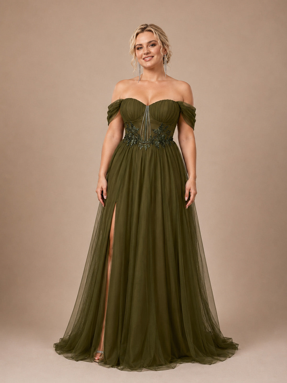 Women’s Olive Green Elegant Tulle Off Shoulder Short Sleeve A-Line Maxi Dress with Floral Appliqué