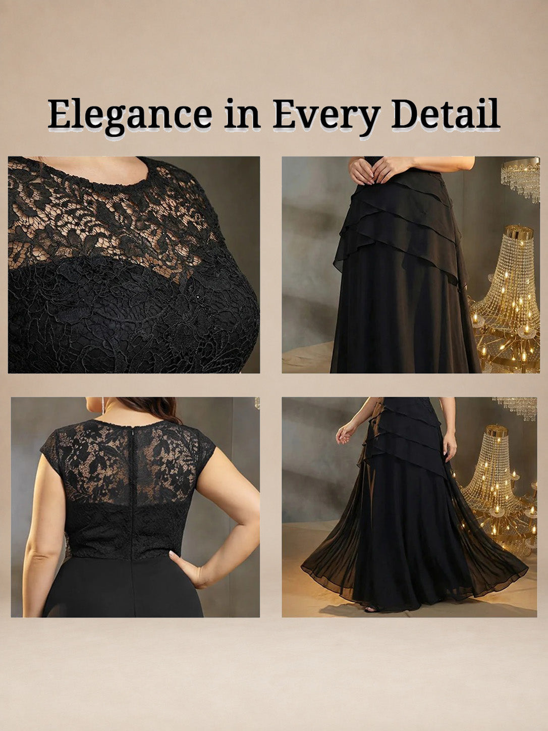 Women’s Black Elegant Lace Round Neck Cap Sleeve Tiered A-Line Maxi Dress with Chiffon Overlay