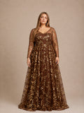 Women’s Brown Elegant Sequin Mesh Round Neck Long Sleeve A-Line Maxi Dress