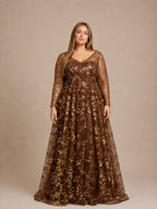 Women’s Brown Elegant Sequin Mesh Round Neck Long Sleeve A-Line Maxi Dress