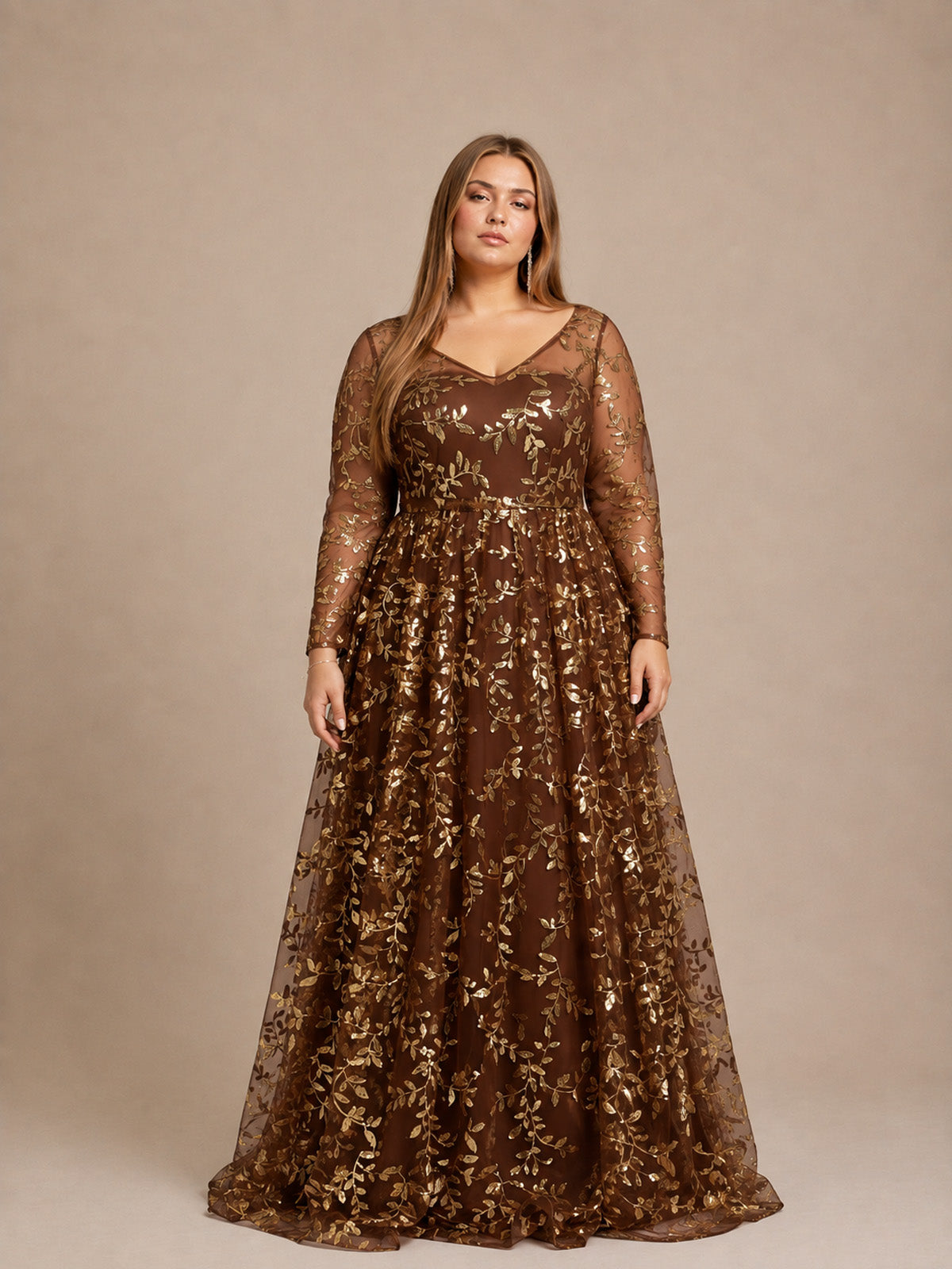 Women’s Brown Elegant Sequin Mesh Round Neck Long Sleeve A-Line Maxi Dress