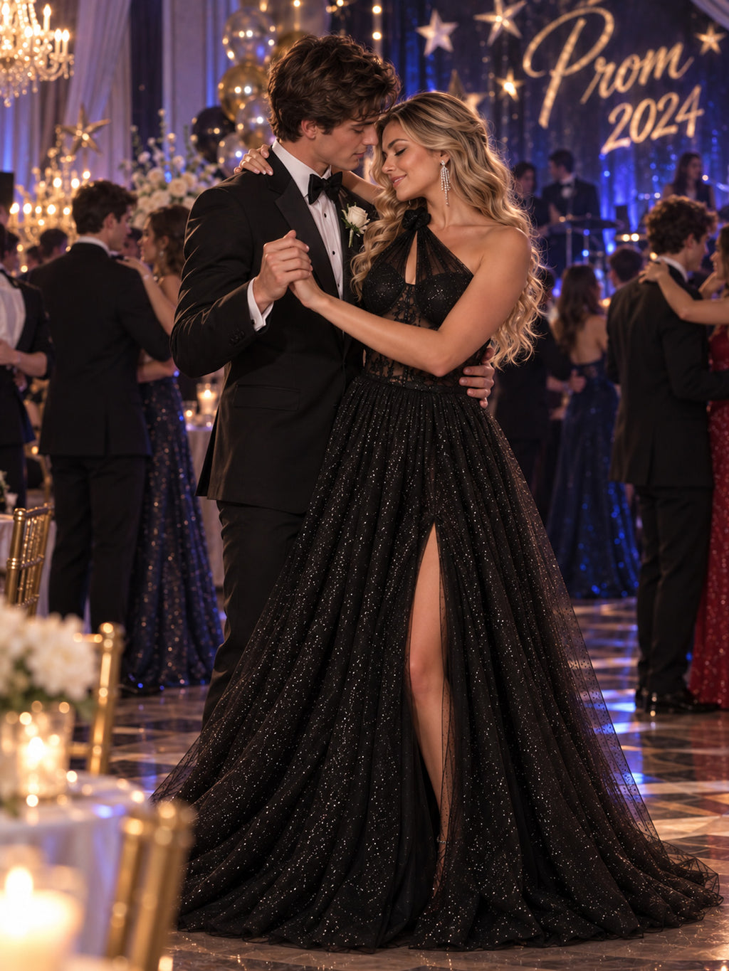 Women’s Black Glamorous Glitter One Shoulder Sleeveless A-Line Maxi Dress with Sheer Lace Corset and High Slit