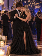 Women’s Black Glamorous Glitter One Shoulder Sleeveless A-Line Maxi Dress with Sheer Lace Corset and High Slit