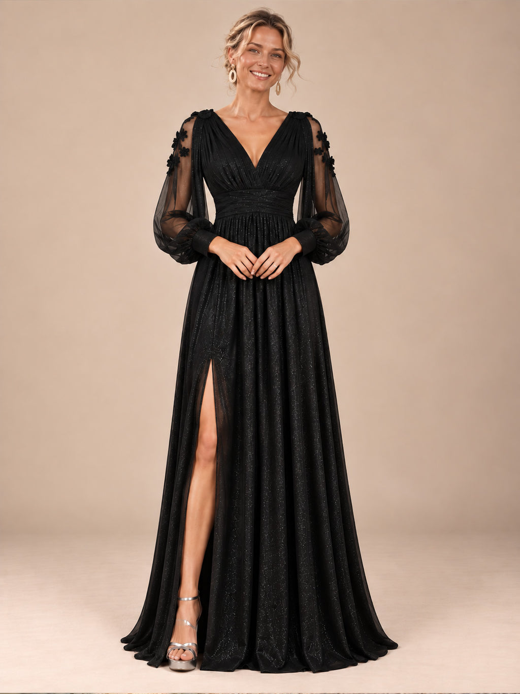 Women’s Red Elegant Glitter V-Neck Sheer Long Sleeve A-Line Maxi Dress with Floral Appliqué and High Slit