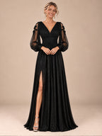 Women’s Red Elegant Glitter V-Neck Sheer Long Sleeve A-Line Maxi Dress with Floral Appliqué and High Slit