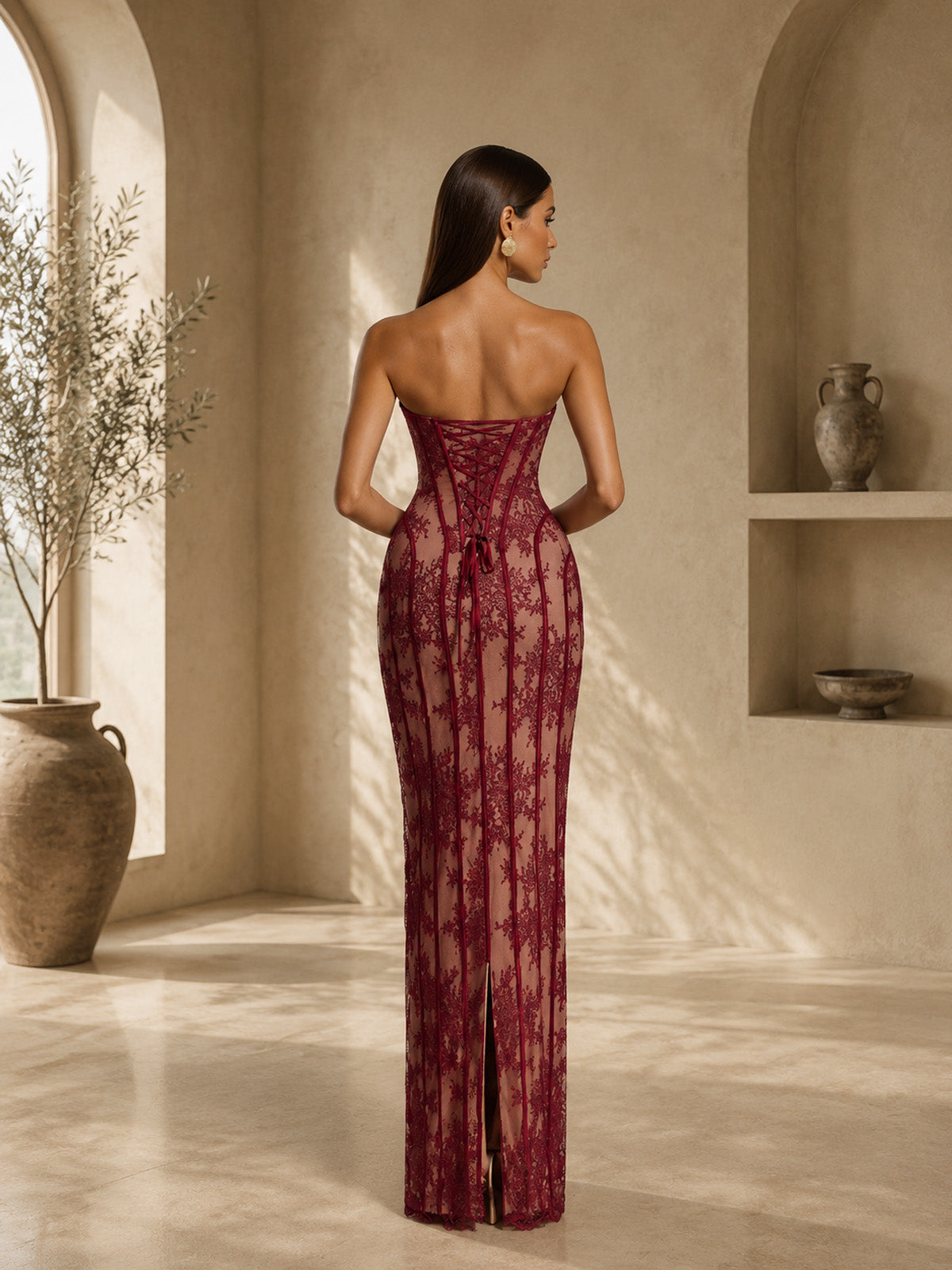 Women’s Black Elegant Lace Strapless Corset Maxi Dress