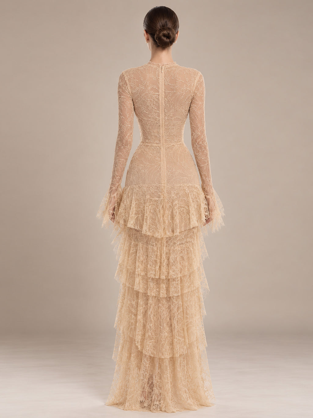 Women’s Champagne Elegant Floral Lace Deep V-Neck Long Sleeve A-Line Maxi Dress with Tiered Ruffle Detail