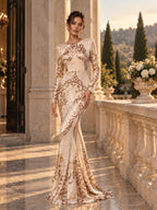Women’s Red Green Glamorous Sequin Round Neck Long Sleeve Fitted Mermaid Maxi Dress with Open Back