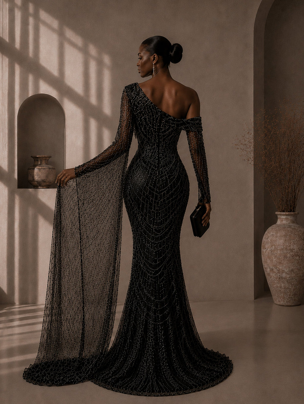 Women’s Elegant Sequin Asymmetrical Neck One Long Sleeve Regular Mermaid Maxi Dress with Beaded Detail