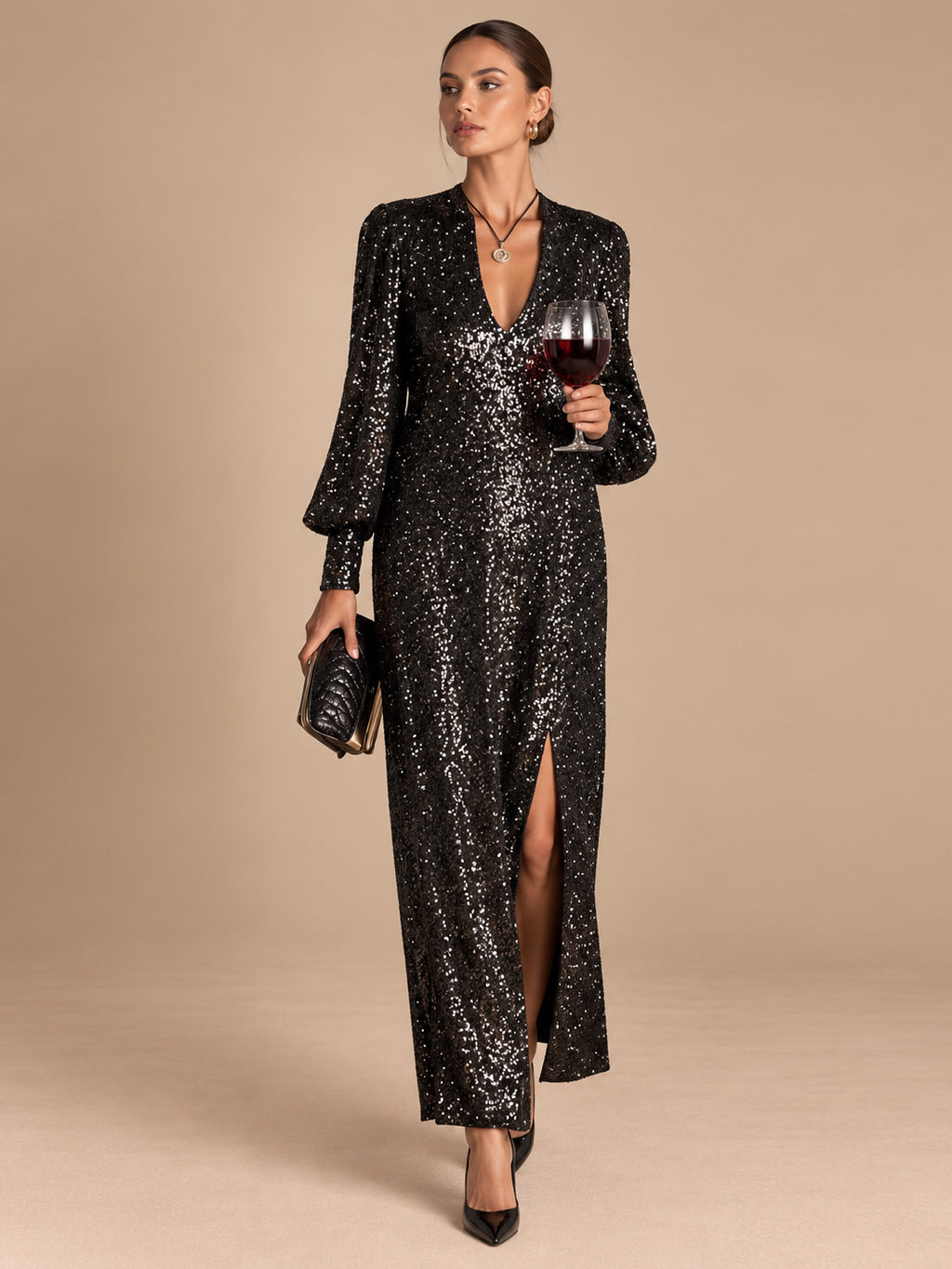 Women’s Champagne Gold Glamorous Sequin V-Neck Long Balloon Sleeve Shift Maxi Dress with Asymmetric Hem Detail