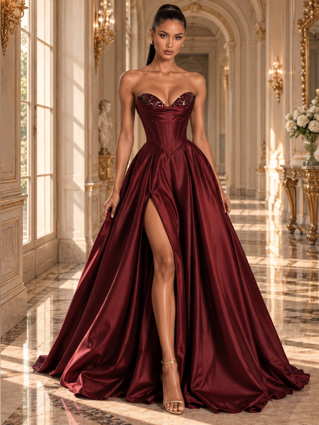 Women’s Black Glamorous Satin Strapless Sweetheart Neck Sleeveless A-Line Maxi Dress with Sequin Detail, Corset Waist and High Slit