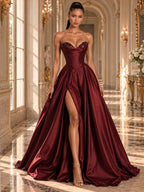 Women’s Black Glamorous Satin Strapless Sweetheart Neck Sleeveless A-Line Maxi Dress with Sequin Detail, Corset Waist and High Slit