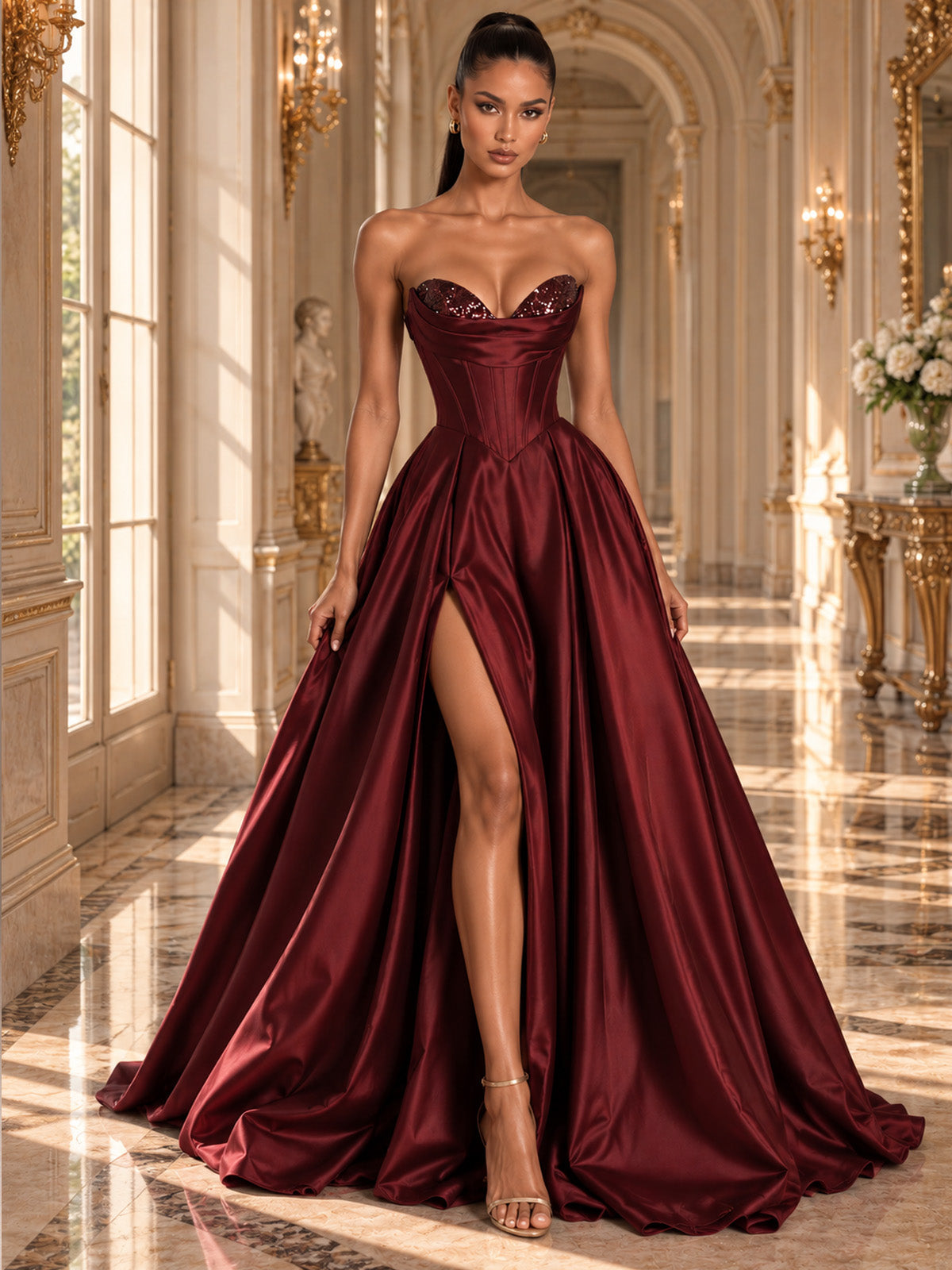 Women’s Black Glamorous Satin Strapless Sweetheart Neck Sleeveless A-Line Maxi Dress with Sequin Detail, Corset Waist and High Slit