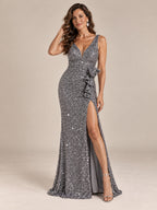 Women’s Black Elegant Sequin V-Neck Sleeveless High Slit Maxi Dress with Waist Bow Detail