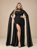 Women’s Black Elegant Satin High Neck Sleeveless High Slit Maxi Dress with Sheer Chiffon Cape
