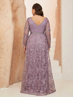Women’s Dusty Mauve Elegant Floral Lace V-Neck Long Sleeve A-Line Maxi Dress with High Slit