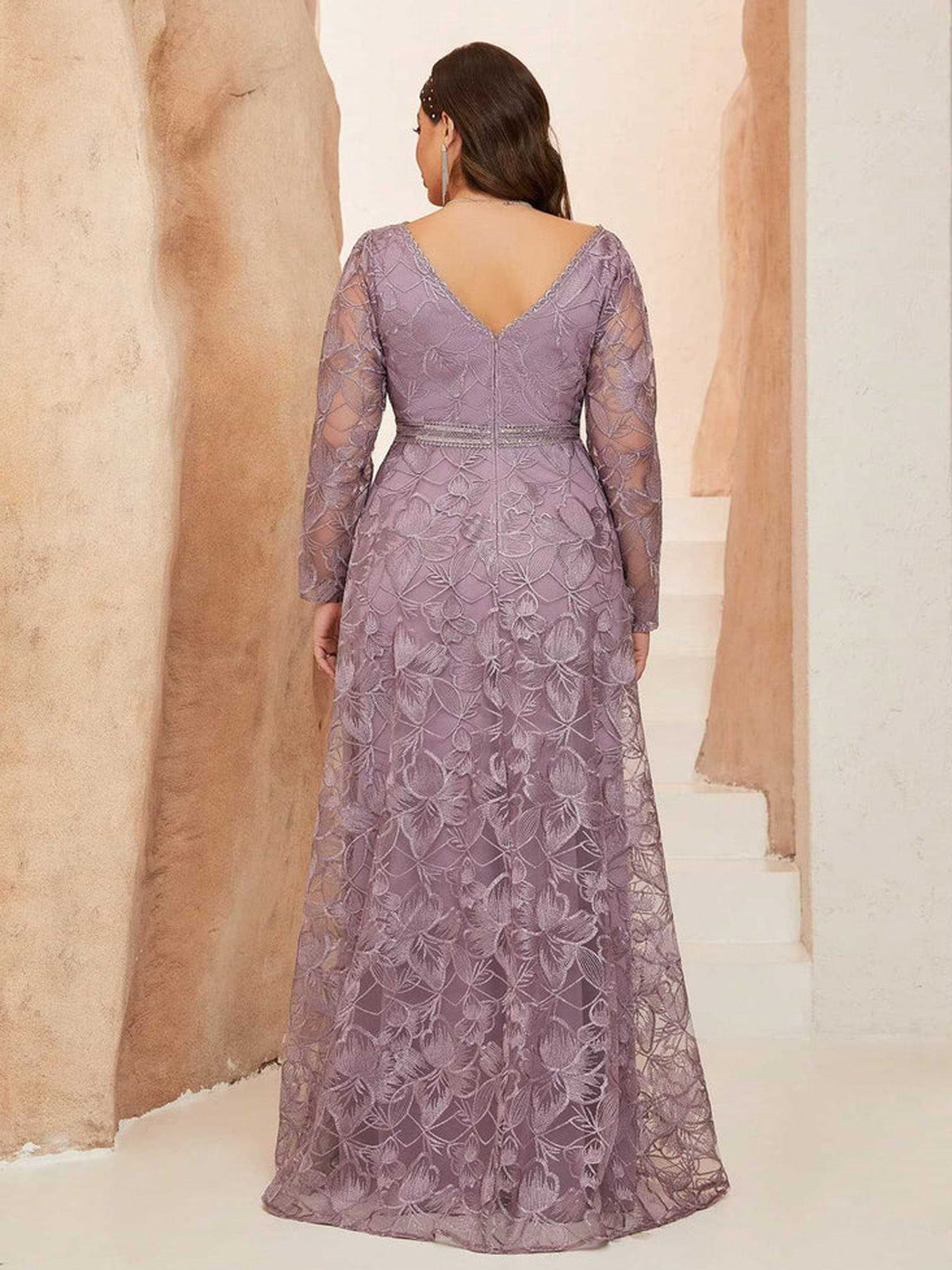 Women’s Dusty Mauve Elegant Floral Lace V-Neck Long Sleeve A-Line Maxi Dress with High Slit