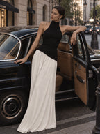 Women’s Black and White Elegant Halter Neck Sleeveless Colorblock A-Line Maxi Dress with Asymmetric Waist Detail