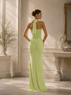 Women’s Burgundy Elegant Ruched Halter Neck Backless Maxi Dress