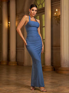 Women’s Dusty Blue Elegant Halter Square Neck Sleeveless Bodycon Maxi Dress with Ruched Detail