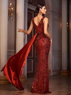 Women’s Red Elegant Satin Asymmetric Neck Sleeveless Mermaid Maxi Dress with Sequin Lace and Drape Detail