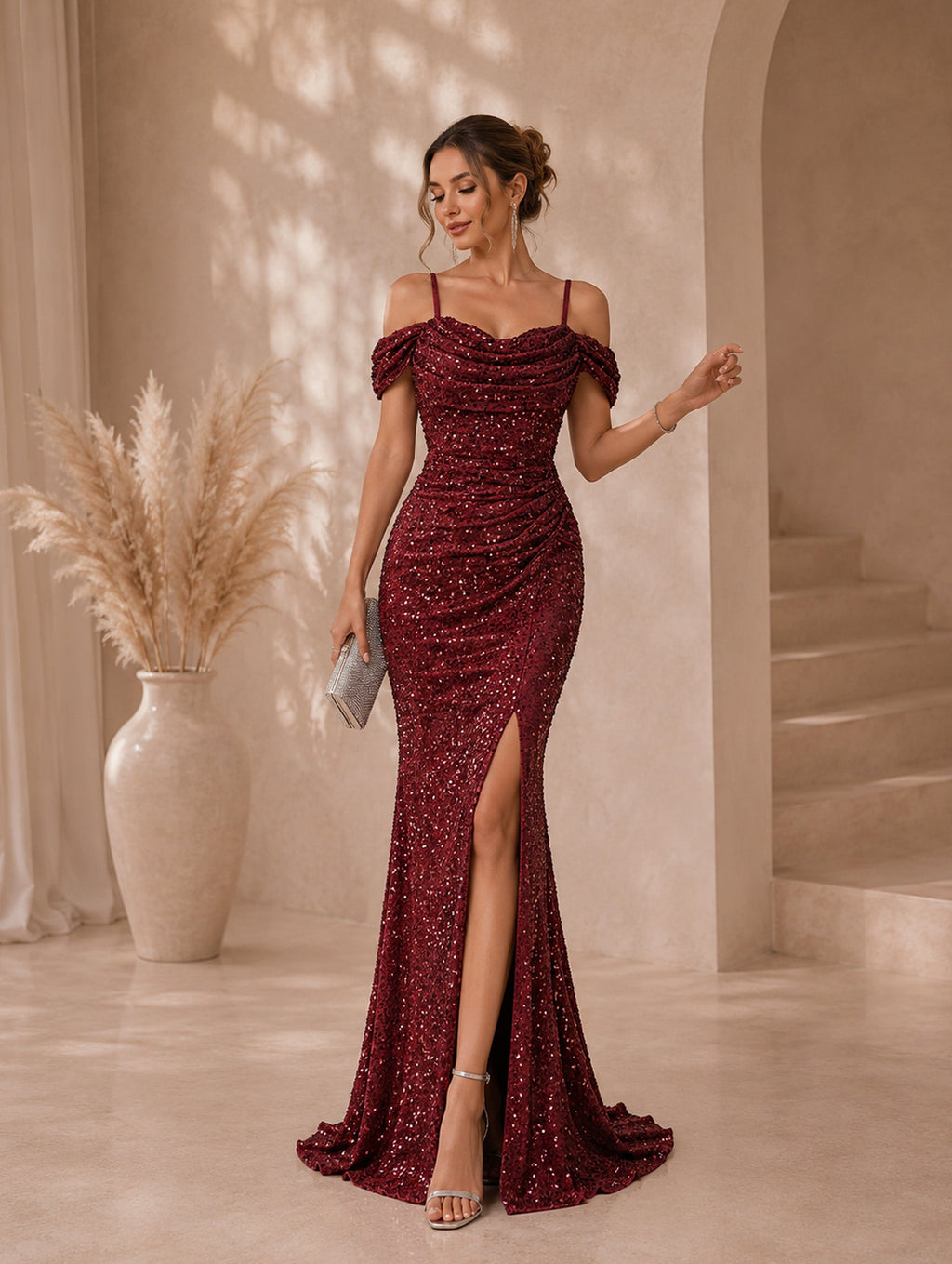 Women’s Glamorous Sequin Spaghetti Strap Cold Shoulder Slim Mermaid Maxi Dress with High Slit
