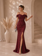 Women’s Glamorous Sequin Spaghetti Strap Cold Shoulder Slim Mermaid Maxi Dress with High Slit