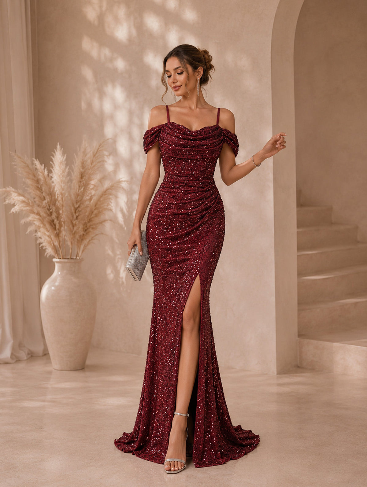 Women’s Glamorous Sequin Spaghetti Strap Cold Shoulder Slim Mermaid Maxi Dress with High Slit
