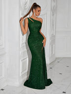 Women’s Champagne Gold Glamorous Sequin One Shoulder Sleeveless Mermaid Maxi Dress with Ruched Detail, High Slit and Lace-Up Back
