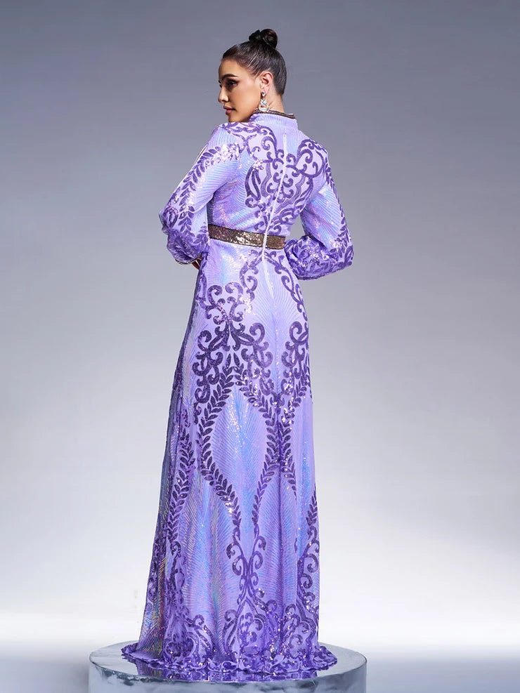Women’s Multicolor Elegant Sequin Mesh Stand Collar Split Long Sleeve A-Line Maxi Dress with Contrast Trim
