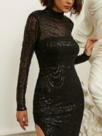 Women’s Black Elegant Sequin Mesh High Neck Long Sleeve High Slit Mermaid Maxi Dress