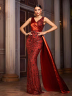 Women’s Red Elegant Satin Asymmetric Neck Sleeveless Mermaid Maxi Dress with Sequin Lace and Drape Detail