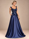 Women’s Navy Blue Elegant Sequin Sweetheart Neck Sleeveless Satin A-Line Maxi Dress with Peplum Waist Detail
