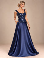 Women’s Navy Blue Elegant Sequin Sweetheart Neck Sleeveless Satin A-Line Maxi Dress with Peplum Waist Detail