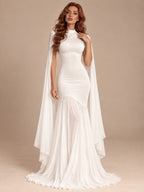 Women’s Butter Yellow Elegant Chiffon High Neck Sleeveless Maxi Dress with Cape Sleeves and Asymmetric Mermaid Hem