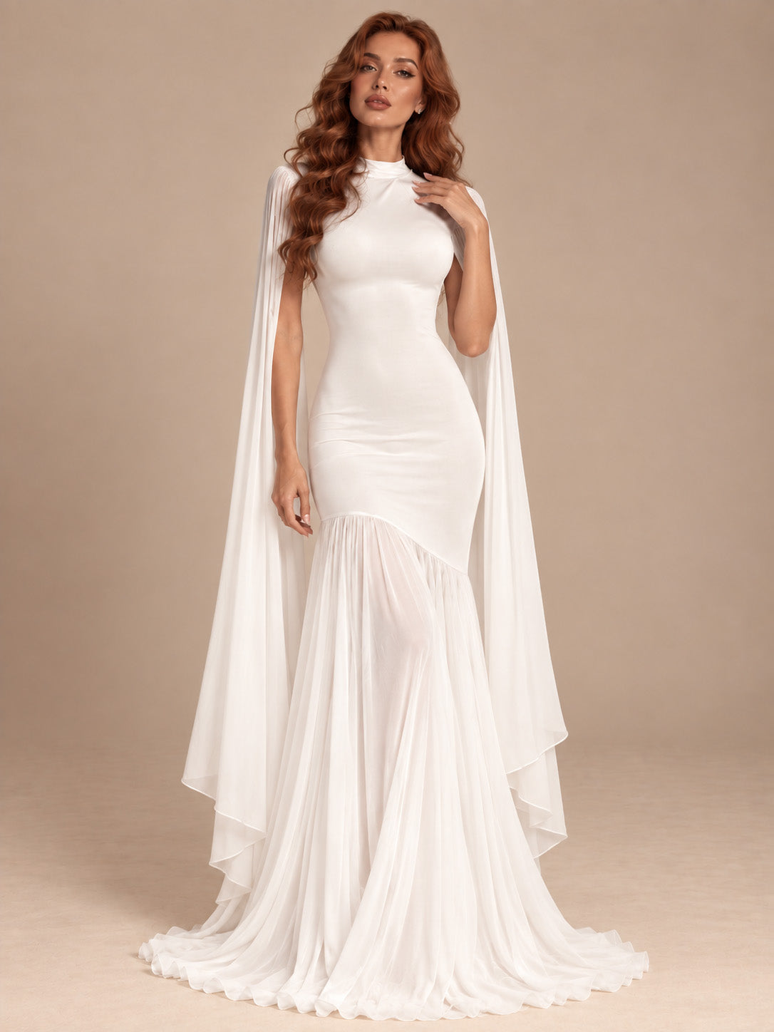Women’s Butter Yellow Elegant Chiffon High Neck Sleeveless Maxi Dress with Cape Sleeves and Asymmetric Mermaid Hem