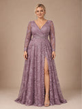 Women’s Dusty Mauve Elegant Floral Lace V-Neck Long Sleeve A-Line Maxi Dress with High Slit