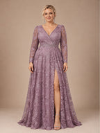 Women’s Dusty Mauve Elegant Floral Lace V-Neck Long Sleeve A-Line Maxi Dress with High Slit