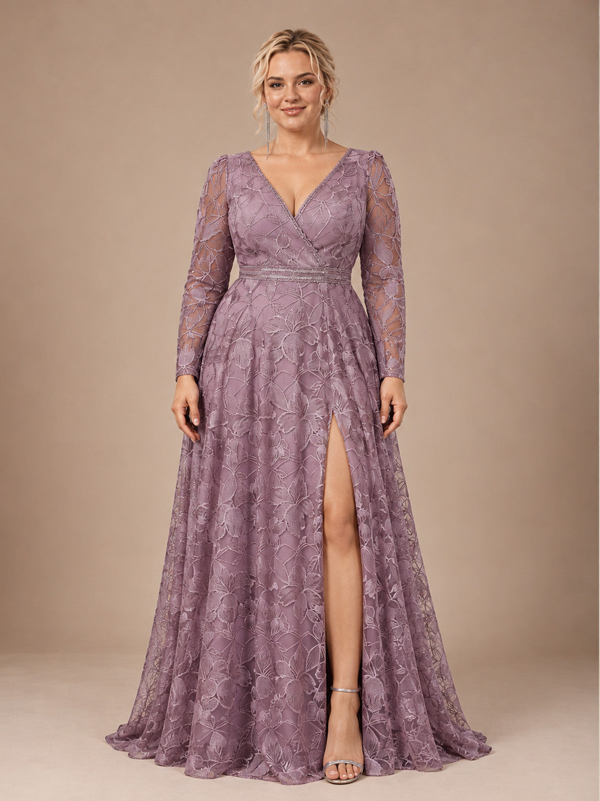 Women’s Dusty Mauve Elegant Floral Lace V-Neck Long Sleeve A-Line Maxi Dress with High Slit