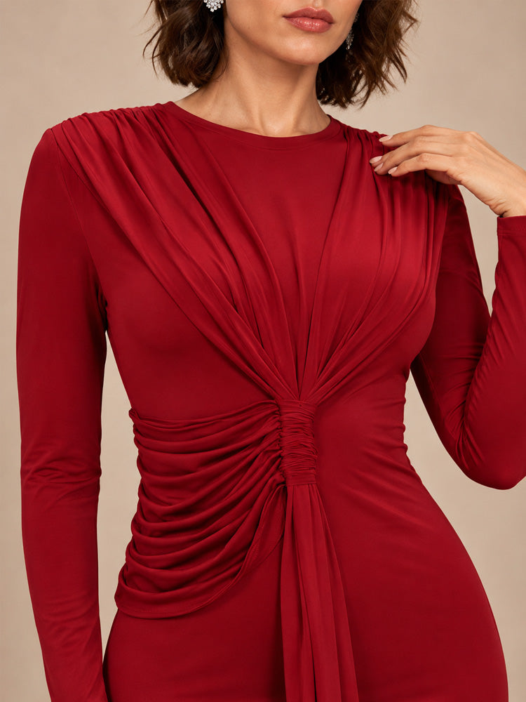 Women’s Burgundy Elegant Ruched Round Neck Long Sleeve Mermaid Maxi Dress with Draped Waist