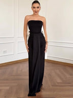 Women’s Black Elegant Strapless Sleeveless Sheath Maxi Dress with Detachable White Halter Scarf and Convertible Bow Detail