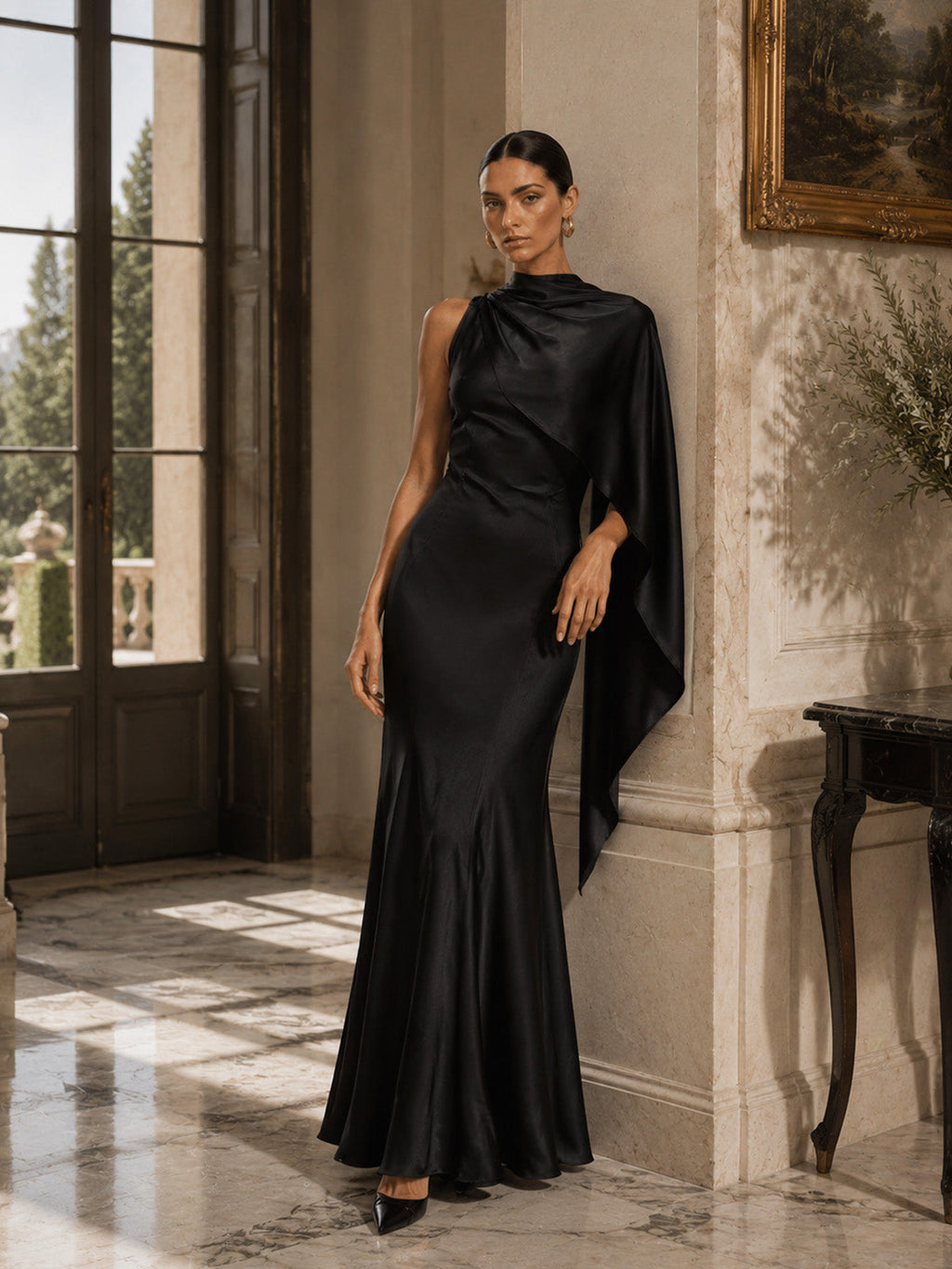 Women’s Glamorous Satin One-Shoulder Sleeveless Slim Mermaid Maxi Dress with Draped Train Detail