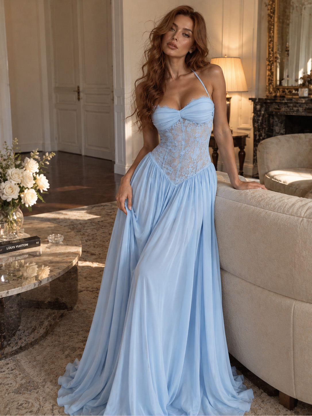 Women’s Blush Pink Elegant Chiffon Sweetheart Neck Spaghetti Strap A-Line Maxi Dress with Lace Corset Detail