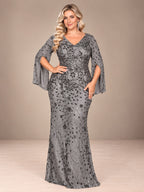 Women’s Teal Blue Elegant Sequin V-Neck Cape Sleeve Mermaid Maxi Dress with Floral Embroidery