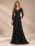 Women’s Silver Elegant Sequin V-Neck Long Sleeve A-Line Maxi Dress with Ruched Waist