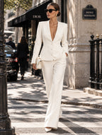 Women's Tailored Deep V-Neck Long Sleeve Blazer and Wide-Leg Pants Set with Three-Button Detail