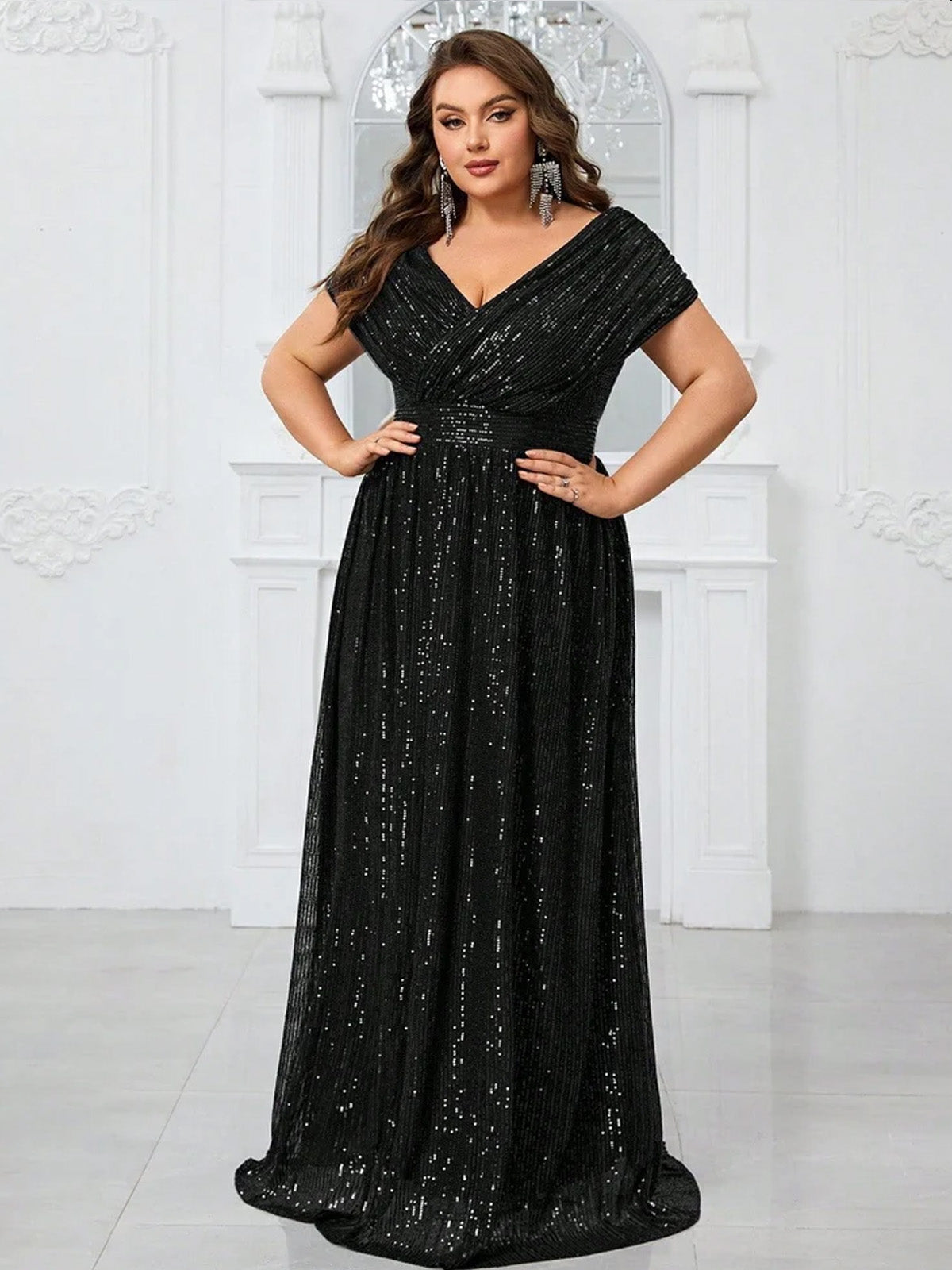 Women’s Navy Blue Glamorous Sequin Mesh V Neck Short Sleeve A-Line Maxi Dress with Pleated Wrap Bodice Detail
